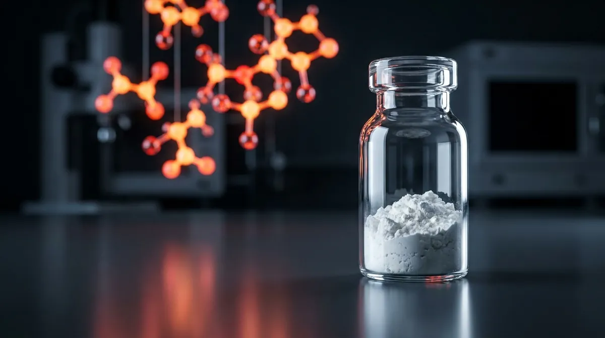 Laboratory vial of MOTS-c research peptide powder with a glowing orange and red molecular chain
