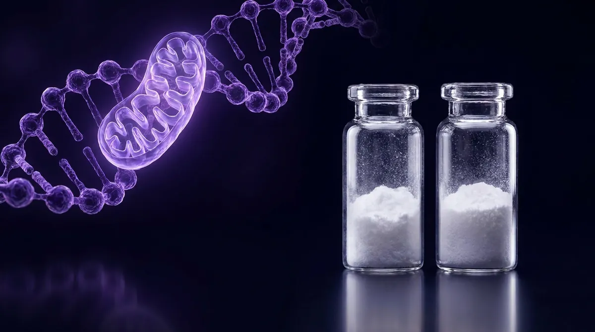 Two laboratory vials of lyophilized MOTS-c and SS-31 research peptide powder on a dark surface with a violet molecular background