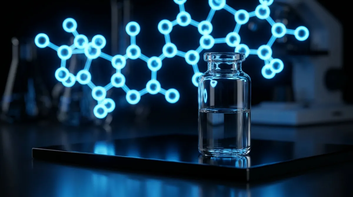 Laboratory vial of NAD+ research solution with a glowing electric blue molecular chain