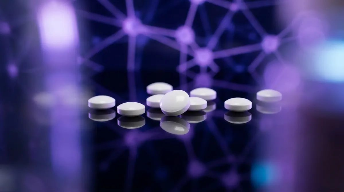 Small white Noopept research tablets with a glowing violet neural molecular network