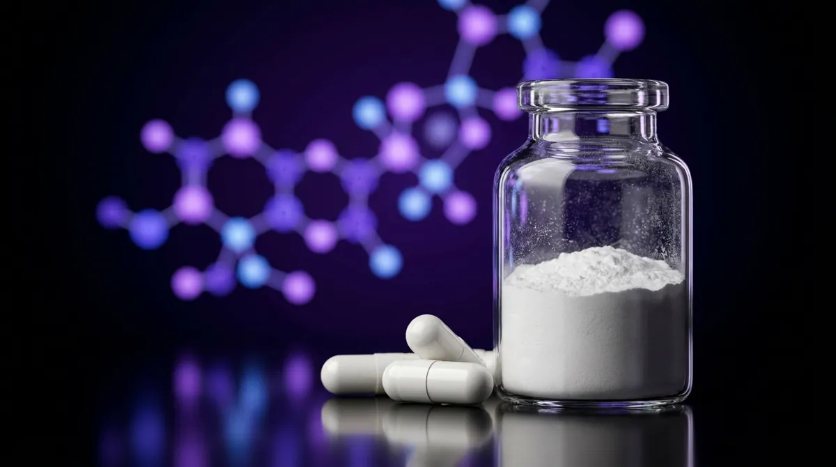Laboratory glass vial with lyophilized powder and research capsules representing Noopept and Semax research compounds