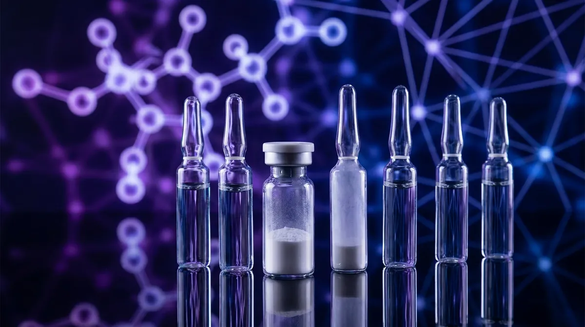 Laboratory glass capsules and a vial of lyophilized nootropic research powder on a dark violet background