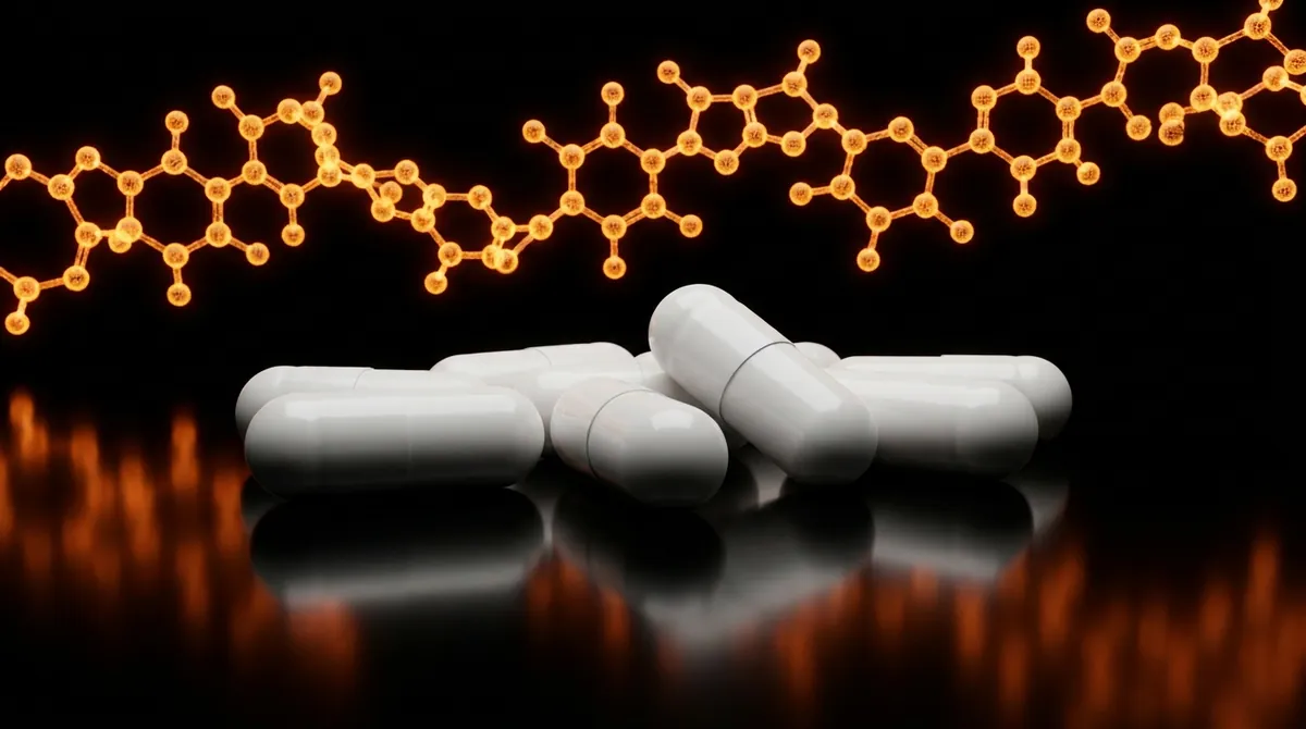 White O-304 research capsules with a glowing orange molecular chain
