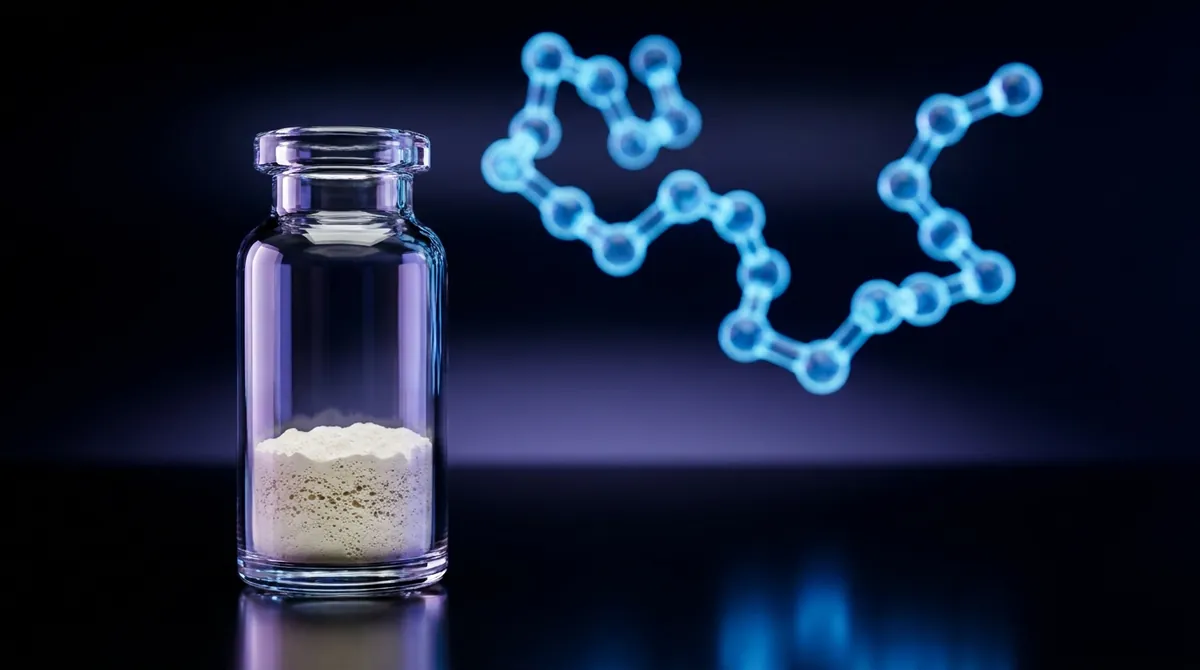Laboratory vial of Orexin A research peptide powder with a glowing electric blue molecular chain
