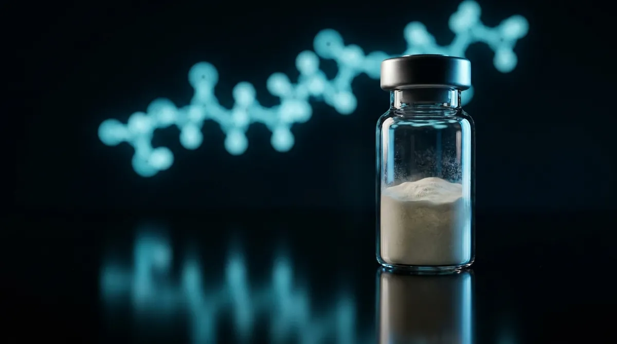 Laboratory vial of Orexin B research peptide powder with a glowing cyan molecular chain