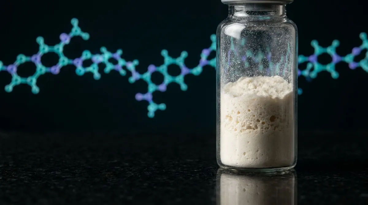 Laboratory vial of Ovagen research peptide powder with a glowing teal molecular chain