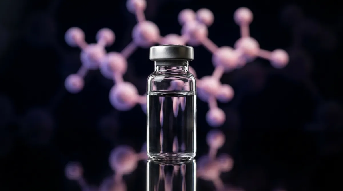 Laboratory vial of Oxytocin research solution with a glowing soft pink molecular chain