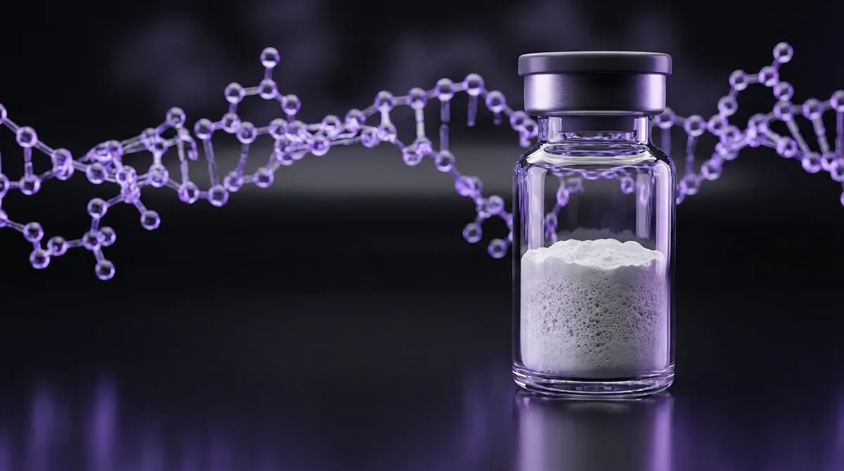 Laboratory vial of P21 research peptide powder with a glowing violet molecular chain
