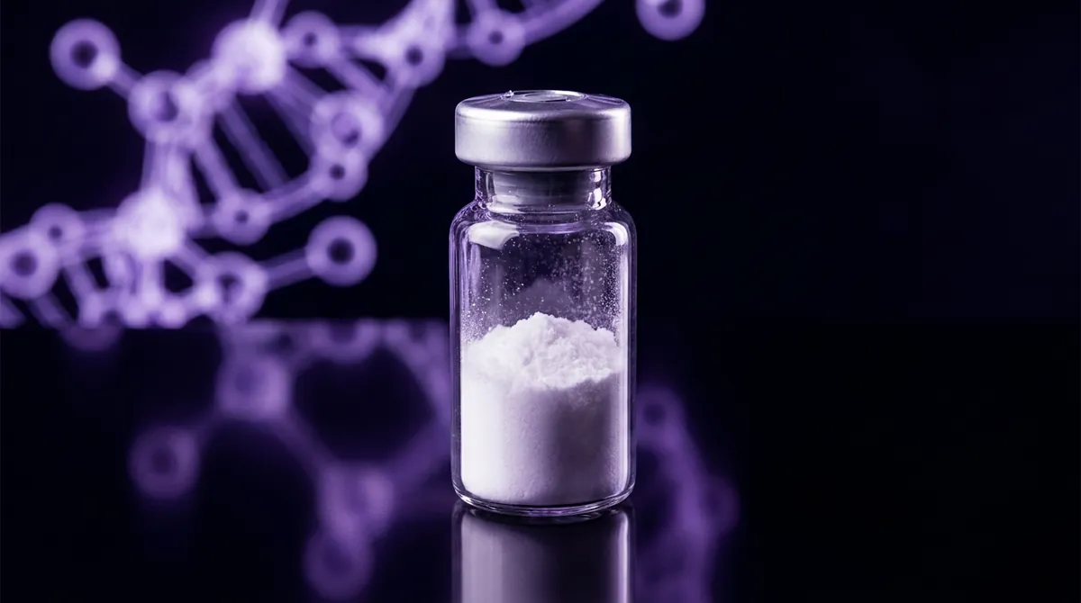 PE22-28 research peptide vial with lyophilized powder, violet molecular chain background
