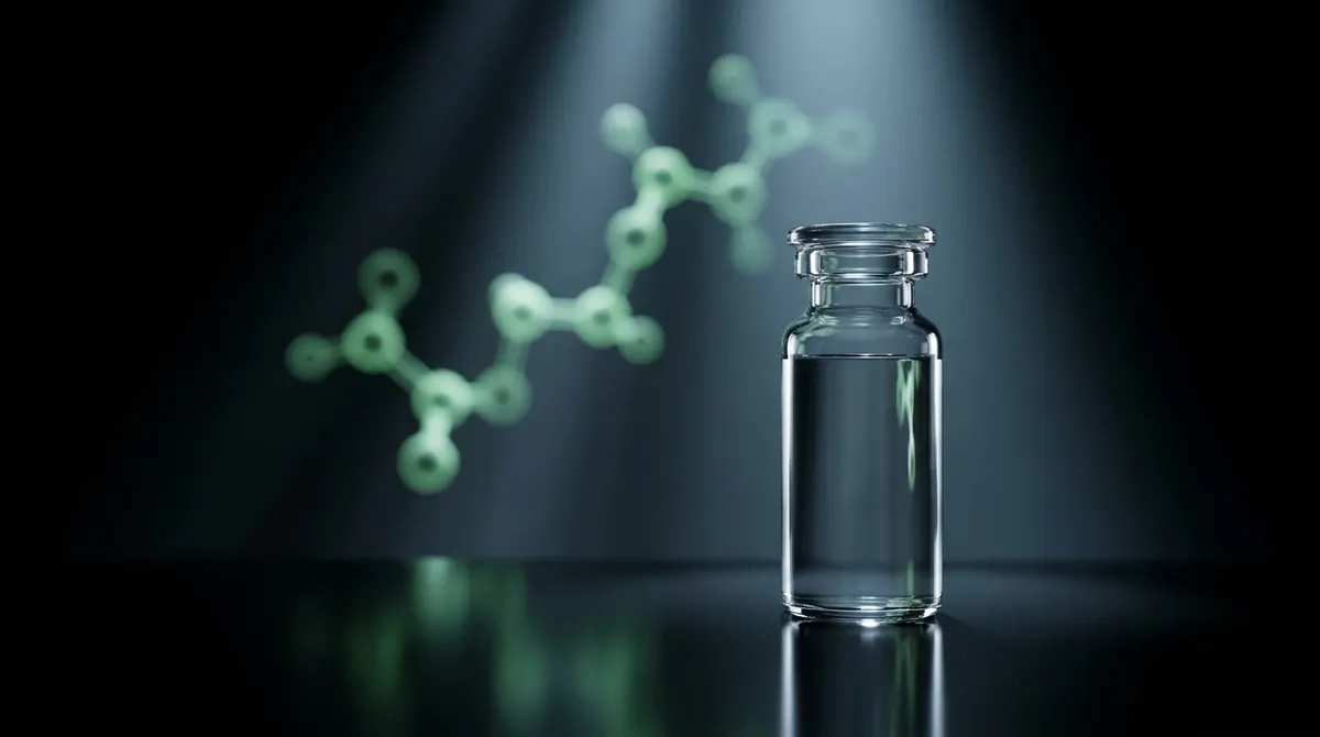 Laboratory vial of Pentosan Polysulfate research solution with a glowing green molecular chain