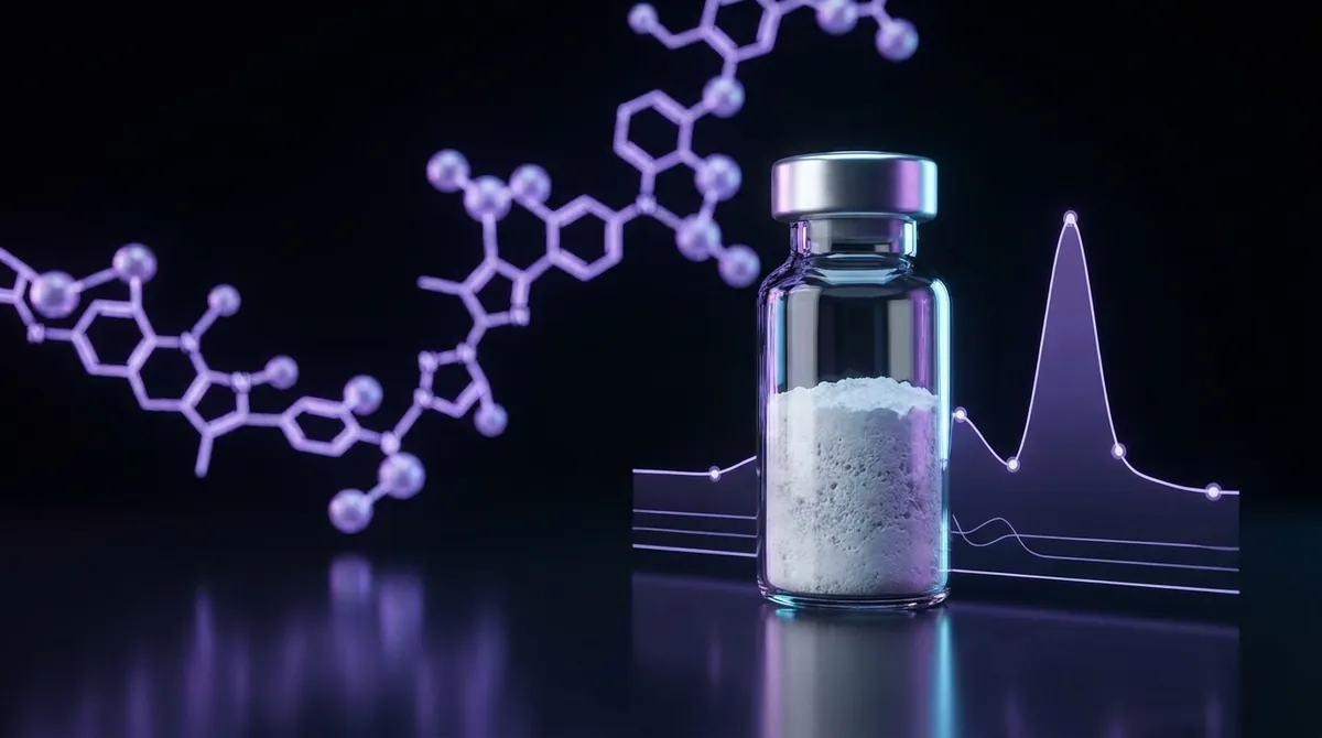 Laboratory vial of lyophilized research peptide powder with chromatography purity data, peptide certificate of analysis concept