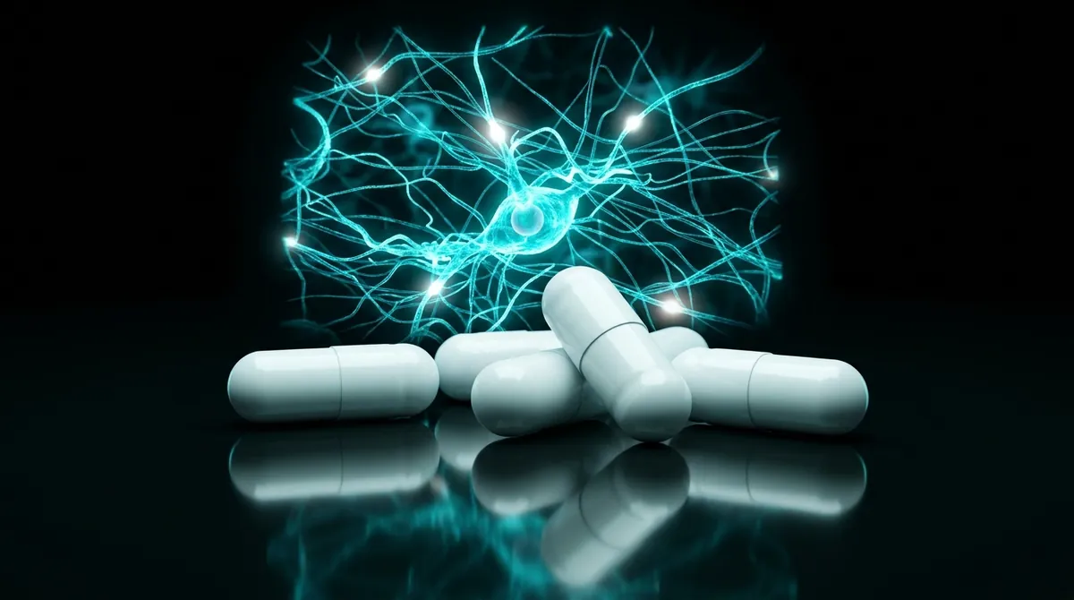 White Phenylpiracetam hydrazide research capsules with a glowing cyan neural molecular network