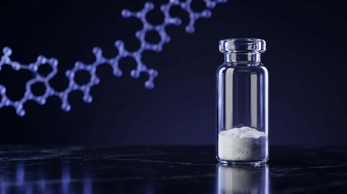 Laboratory vial of Pinealon research peptide powder with a glowing indigo molecular chain