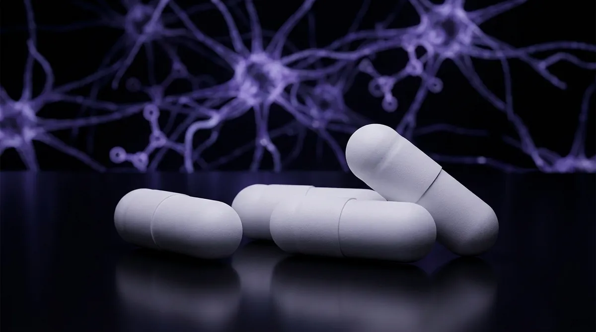 White PRL-8-53 research capsules with a glowing violet neural molecular network