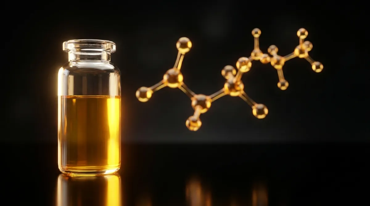 Laboratory vial of golden Quercetin research solution with a glowing amber molecular chain