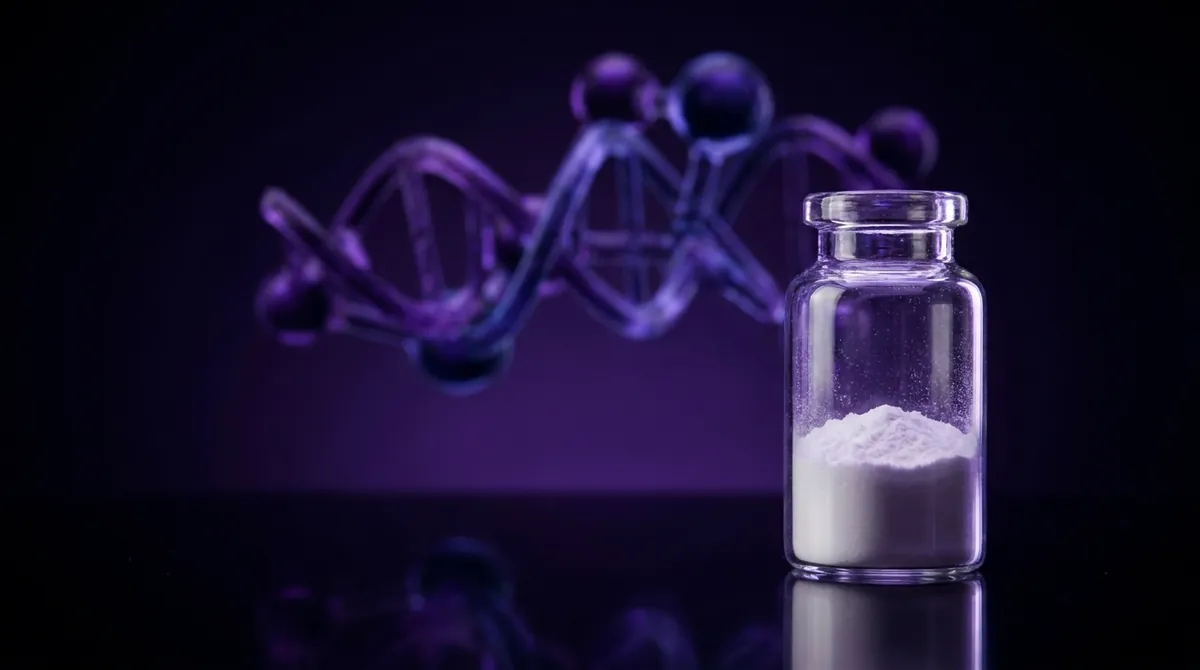 Laboratory vial of Retatrutide research peptide powder with a glowing violet molecular chain