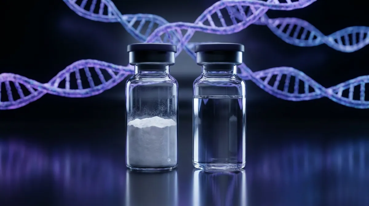 Retatrutide research peptide shown as lyophilized powder vial and research solution vial on a dark violet laboratory background