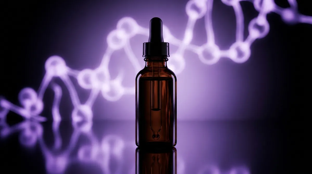 Laboratory dropper bottle of RU-58841 research solution with a glowing violet molecular chain