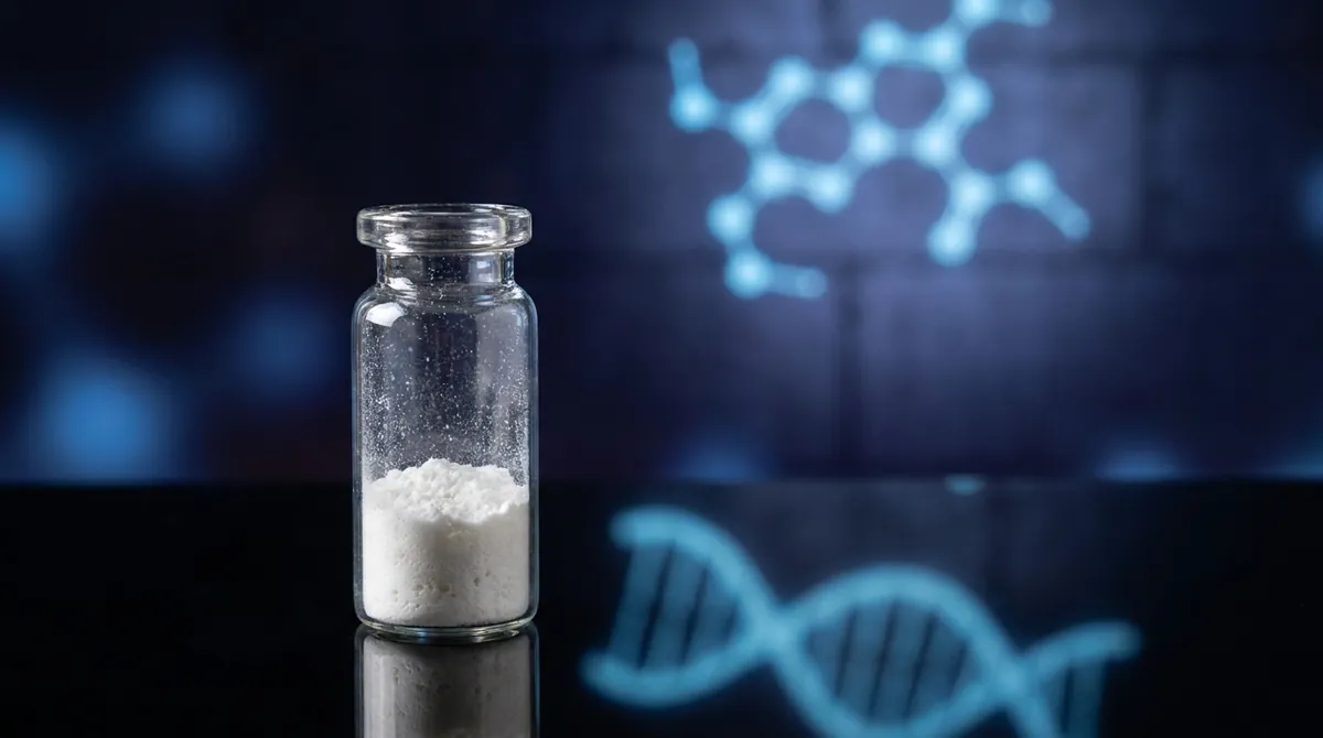 Laboratory vial of Selank research peptide powder with a glowing sky-blue molecular chain