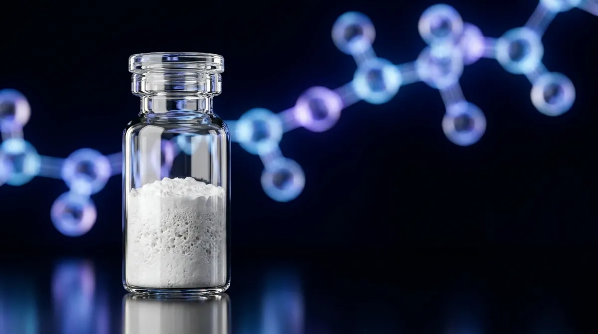Laboratory vial of Semax research peptide powder with a glowing blue and violet molecular chain