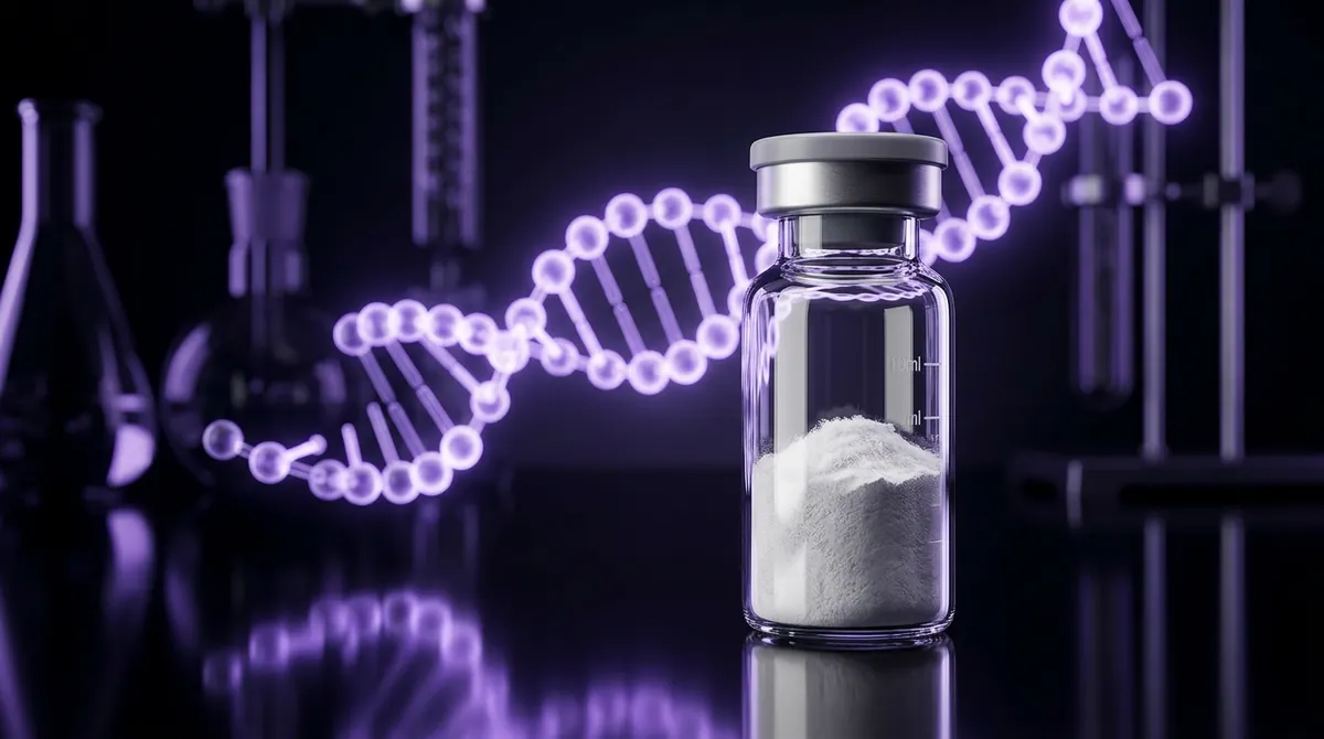 Laboratory glass vial with lyophilized senolytic research peptide powder such as FOXO4-DRI on a dark surface with a violet molecular chain background