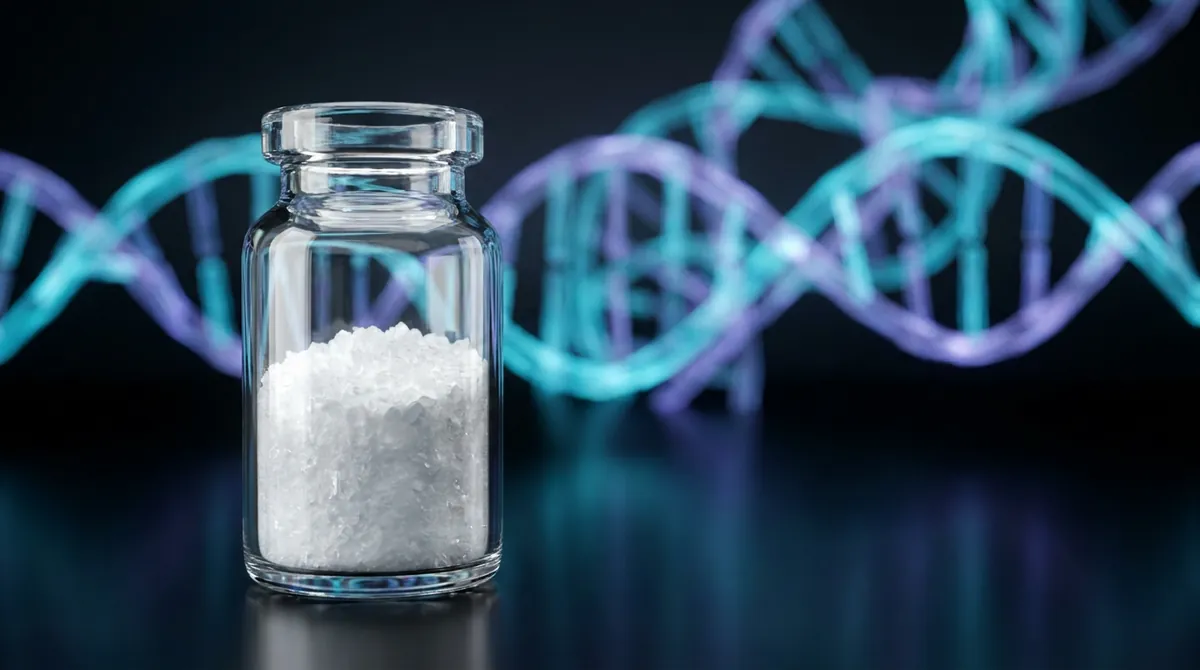 Laboratory vial of Sermorelin research peptide powder with a glowing cyan and violet molecular chain