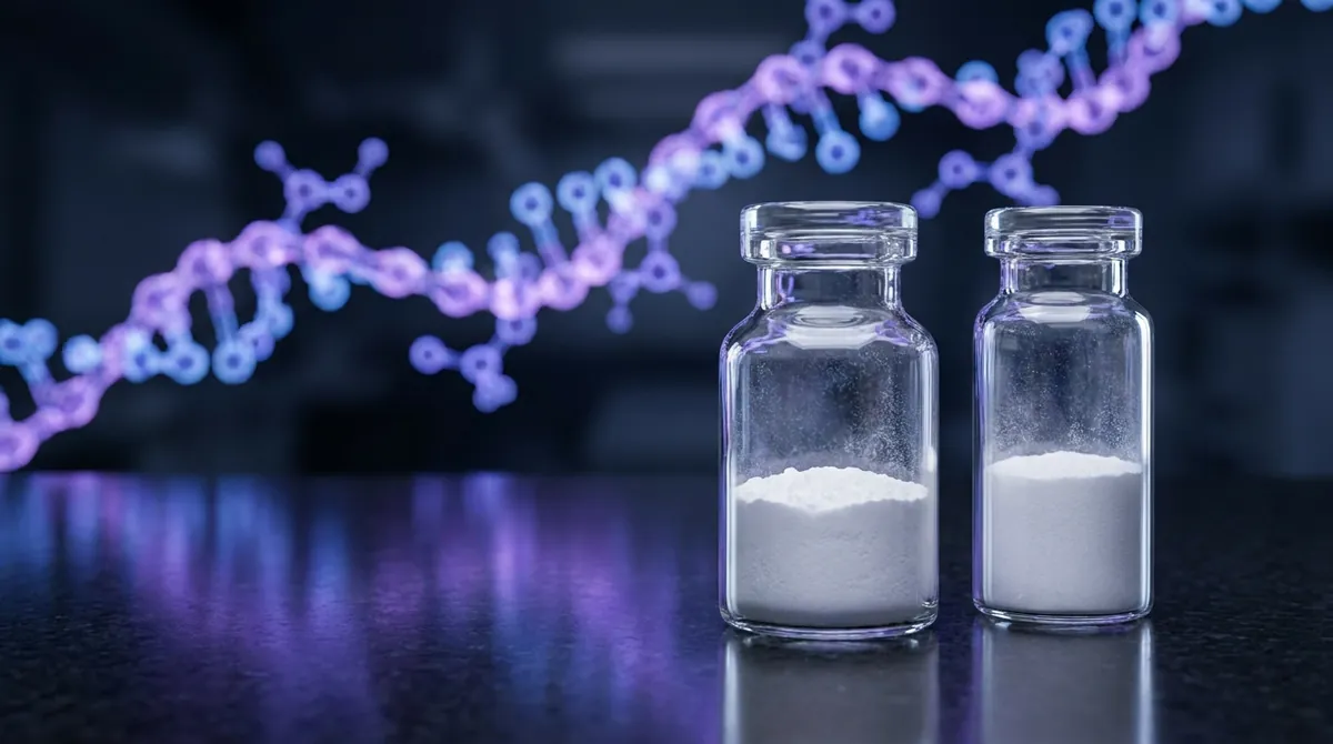 Two laboratory vials of lyophilized research peptide powder representing sermorelin and tesamorelin on a dark surface