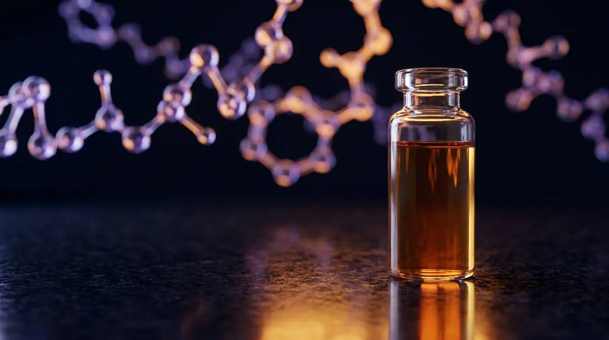 Laboratory vial of SR-9009 research oil solution with a glowing amber and violet molecular chain