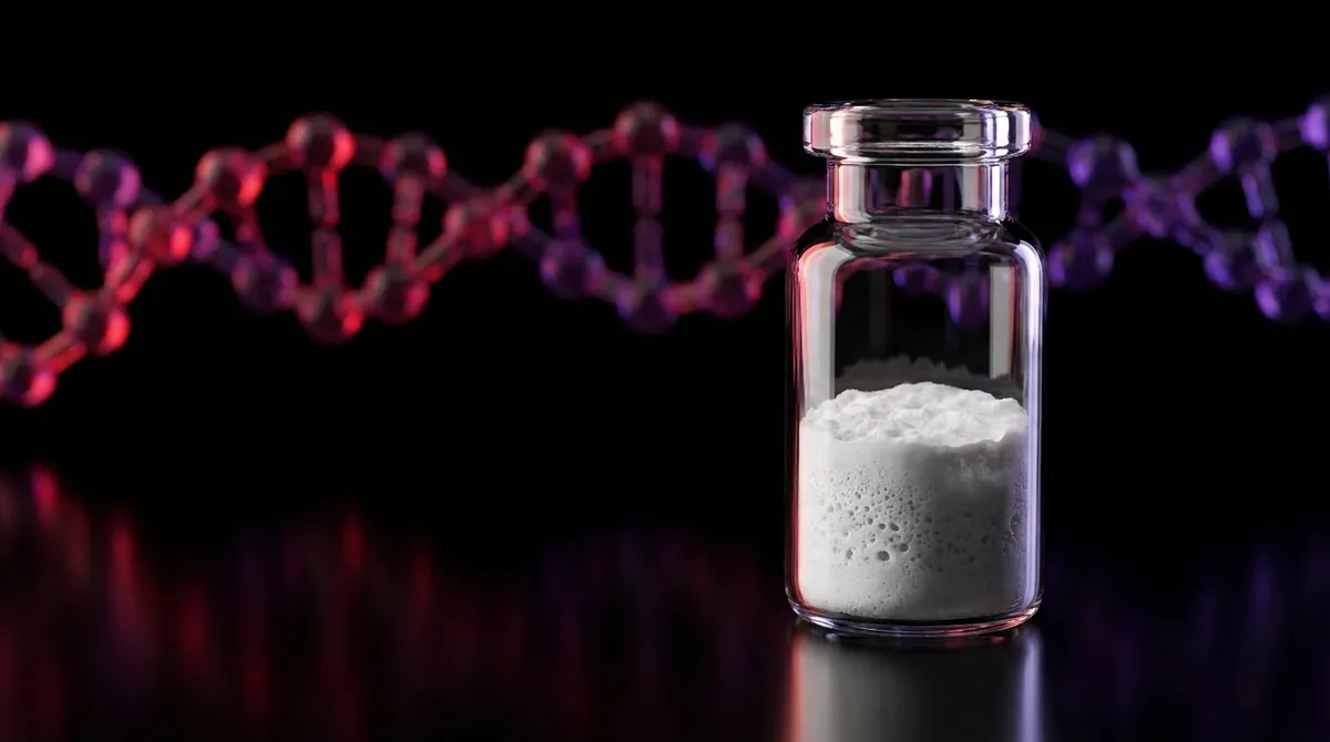 Laboratory vial of SS-31 research peptide powder with a glowing crimson and violet molecular chain