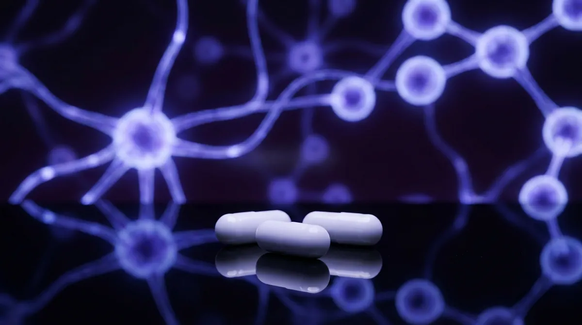 White Sunifiram research capsules with a glowing violet neural molecular network