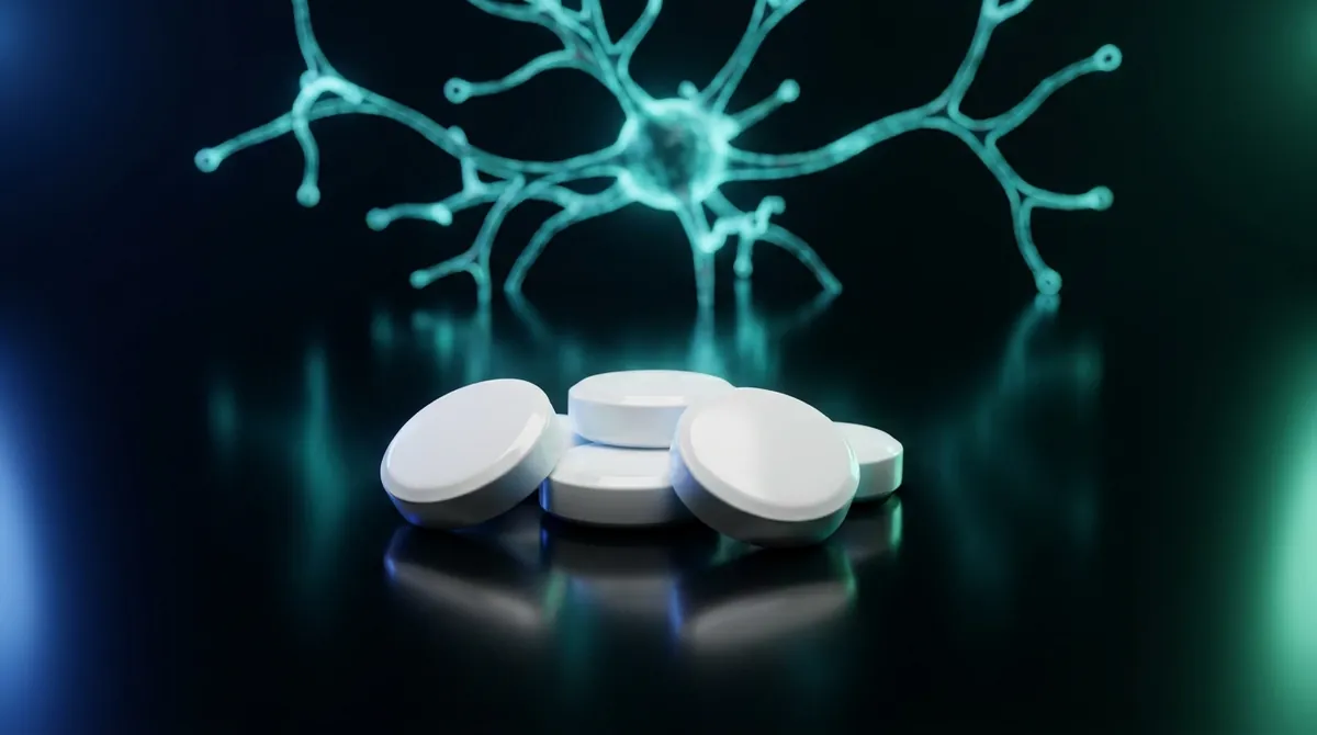 White TAK-653 research tablets with a glowing teal neural molecular network