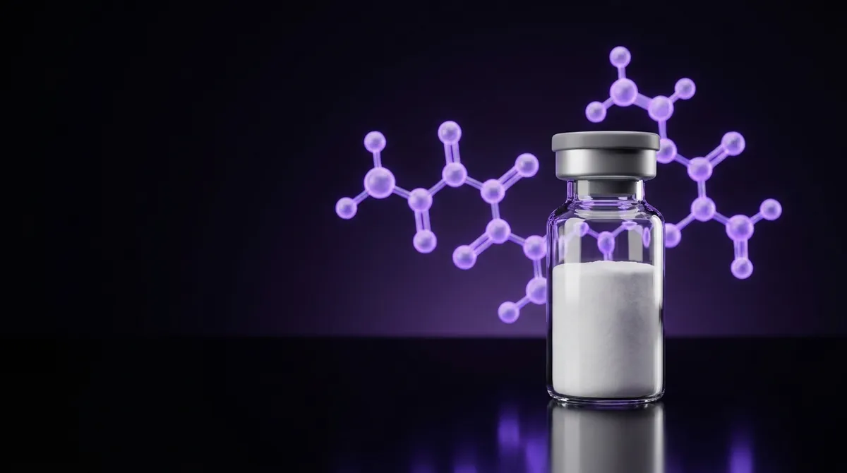Laboratory glass vial of lyophilized TB-500 research peptide powder with a glowing violet molecular chain