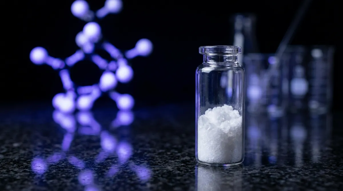 Laboratory vial of Tesamorelin research peptide powder with a glowing blue-violet molecular chain