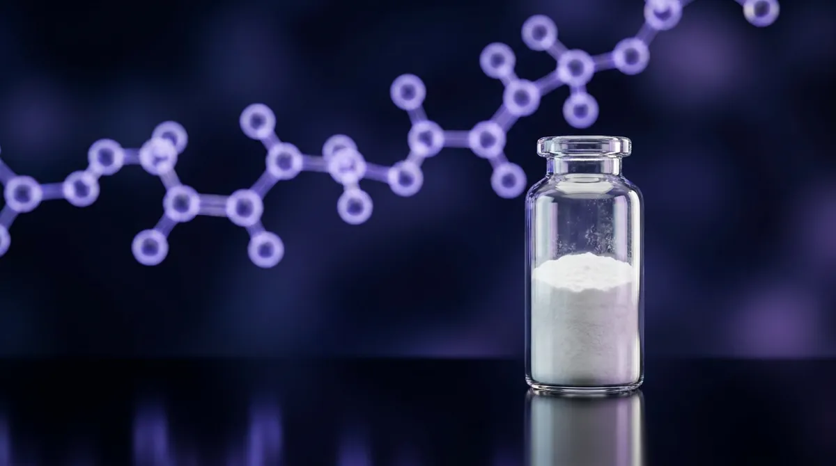 Laboratory vial of lyophilized thymic immune-modulating research peptide powder on a dark surface with a violet molecular chain background