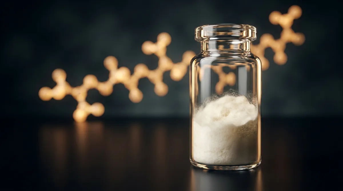 Laboratory vial of Thymosin Alpha 1 research peptide powder with a glowing golden amber molecular chain