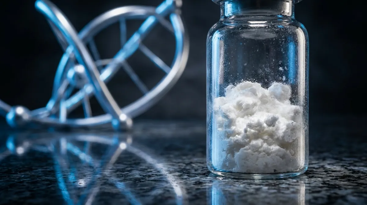 Laboratory vial of Thymulin research peptide powder with a glowing silver-blue molecular chain