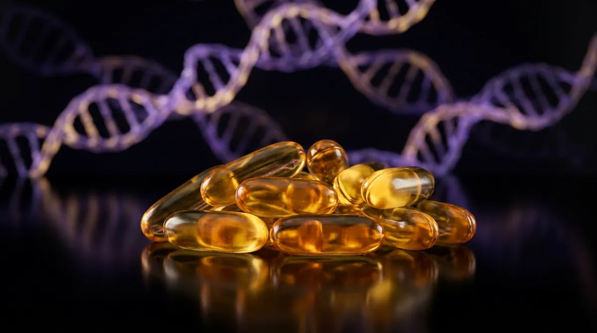 Amber-gold TUDCA research capsules on a dark surface with a glowing molecular chain