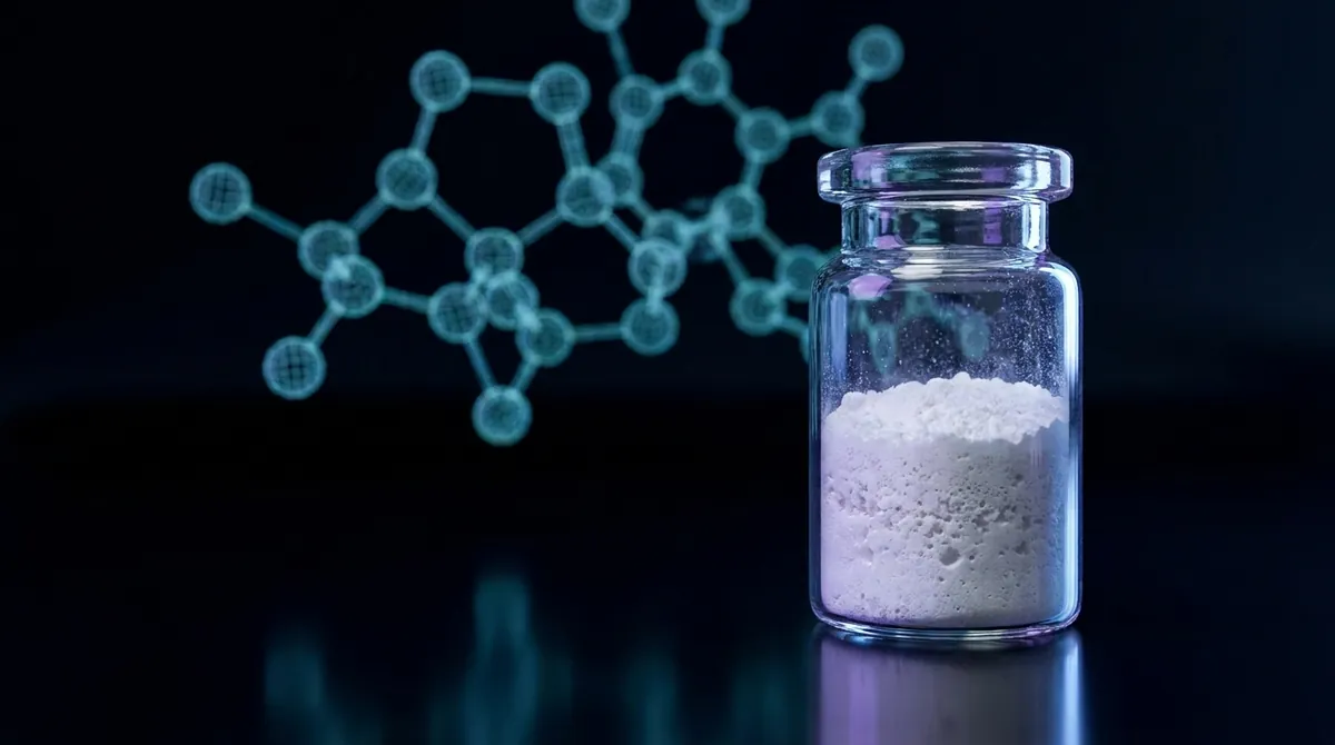 Laboratory vial of VIP research peptide powder with a glowing cyan molecular chain