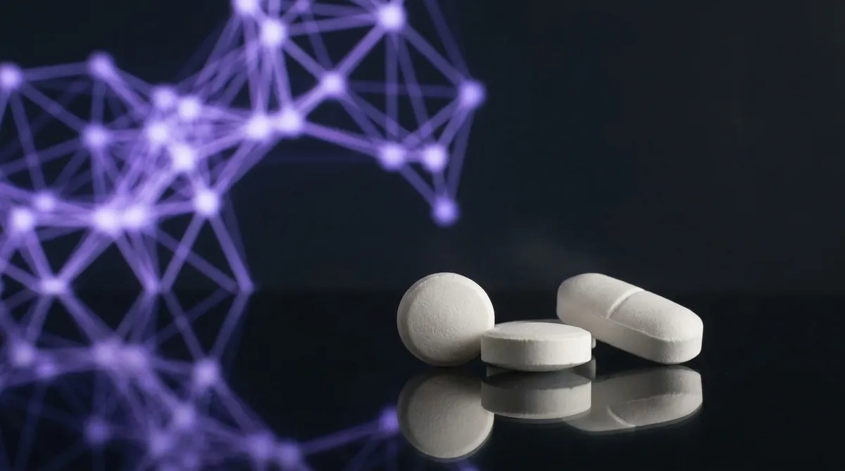 White Zatolmilast research tablets with a glowing violet neural molecular network